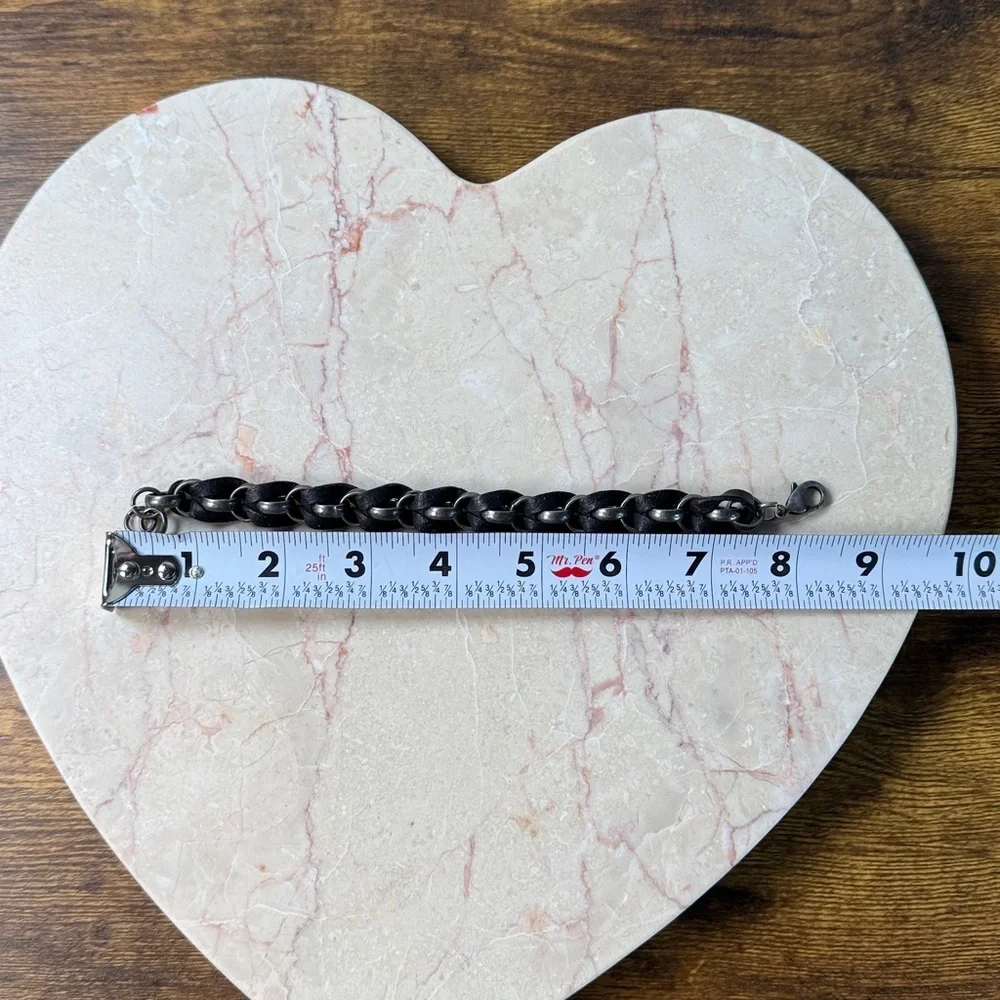 Fossil Leather & Silver Chain Unisex Bracelet